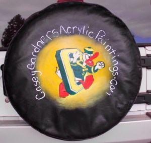 Will paint any tire cover for $200.  Can cover up an old tire cover with writing on it.  